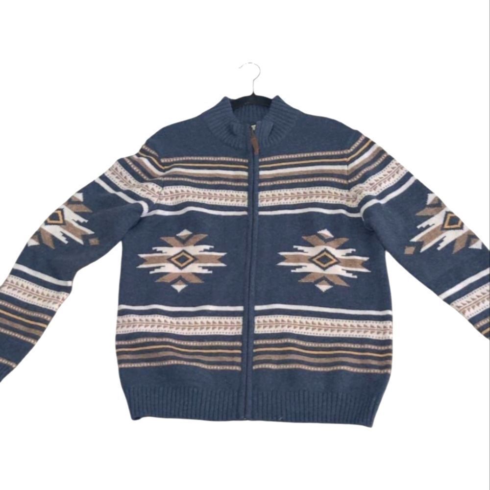 NWT Frye Navy and Tan Patterned Zip-Up Sweater Size M